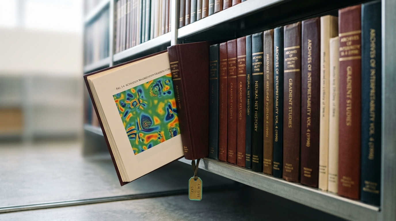A buckram-bound volume near the start of the roller shelving row pulled half clear of its slot, its cover open on a printed activation-maximized plate, the neighbouring volumes still seated flush