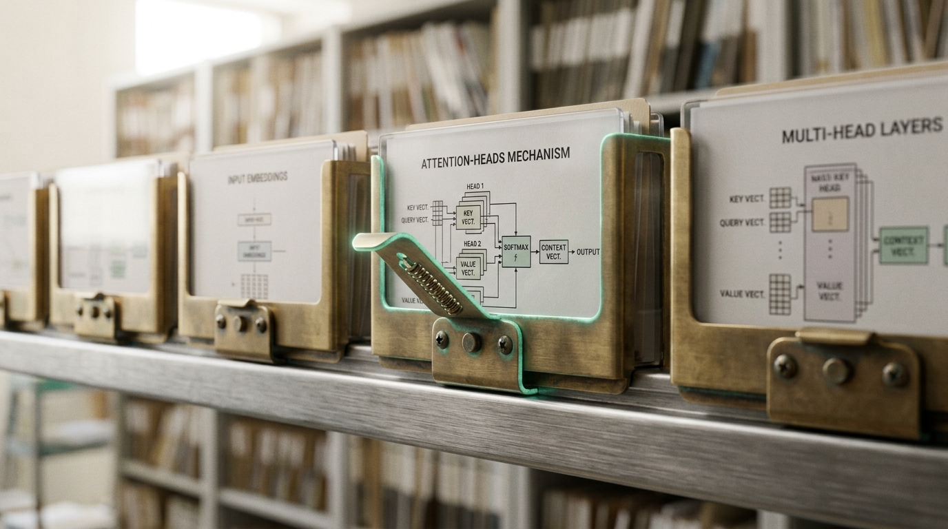 A long brushed-steel rail track down an archive wall, brass carriages holding specimen sleeves densely packed on the left and thinning toward bare rail on the right, one new carriage caught sliding into place with its latch pin still lifted