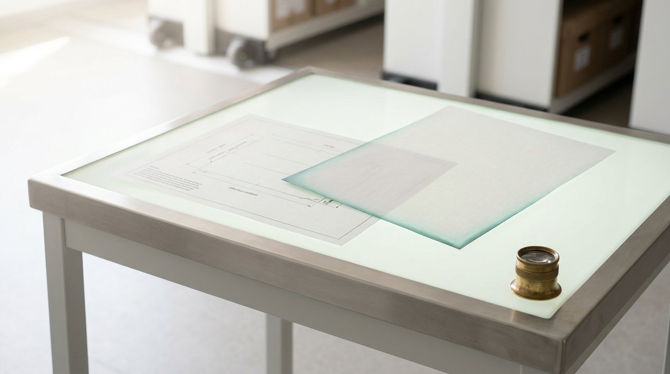 A frosted-acrylic lightbox table holding a printed attention-pattern trace from a small model, a second, larger printed trace being laid down beside it not yet square with the first, a magnifying loupe resting at the corner