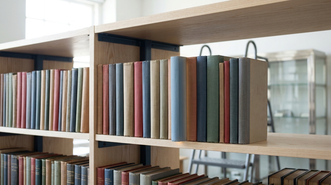 The growing end of the roller shelving where three new buckram-bound volumes with different-coloured foil-stamped spines stand ready beside a gap, one already slid halfway into place
