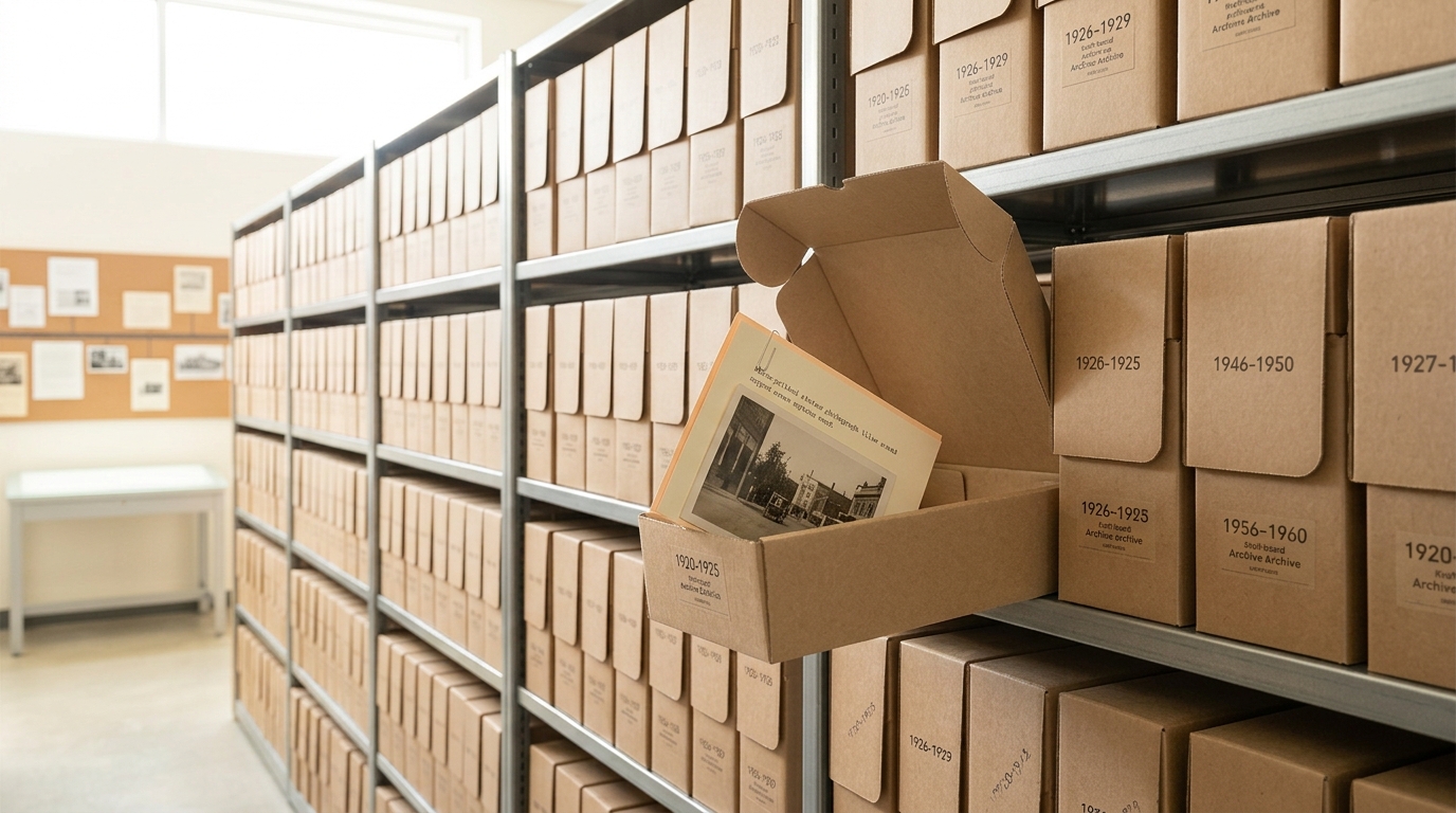 A long run of steel archive shelving holding dated kraft-board boxes in a bright research archive, one box drawn part-way off its shelf with a paired photograph and typed caption card sliding clear of its open lid