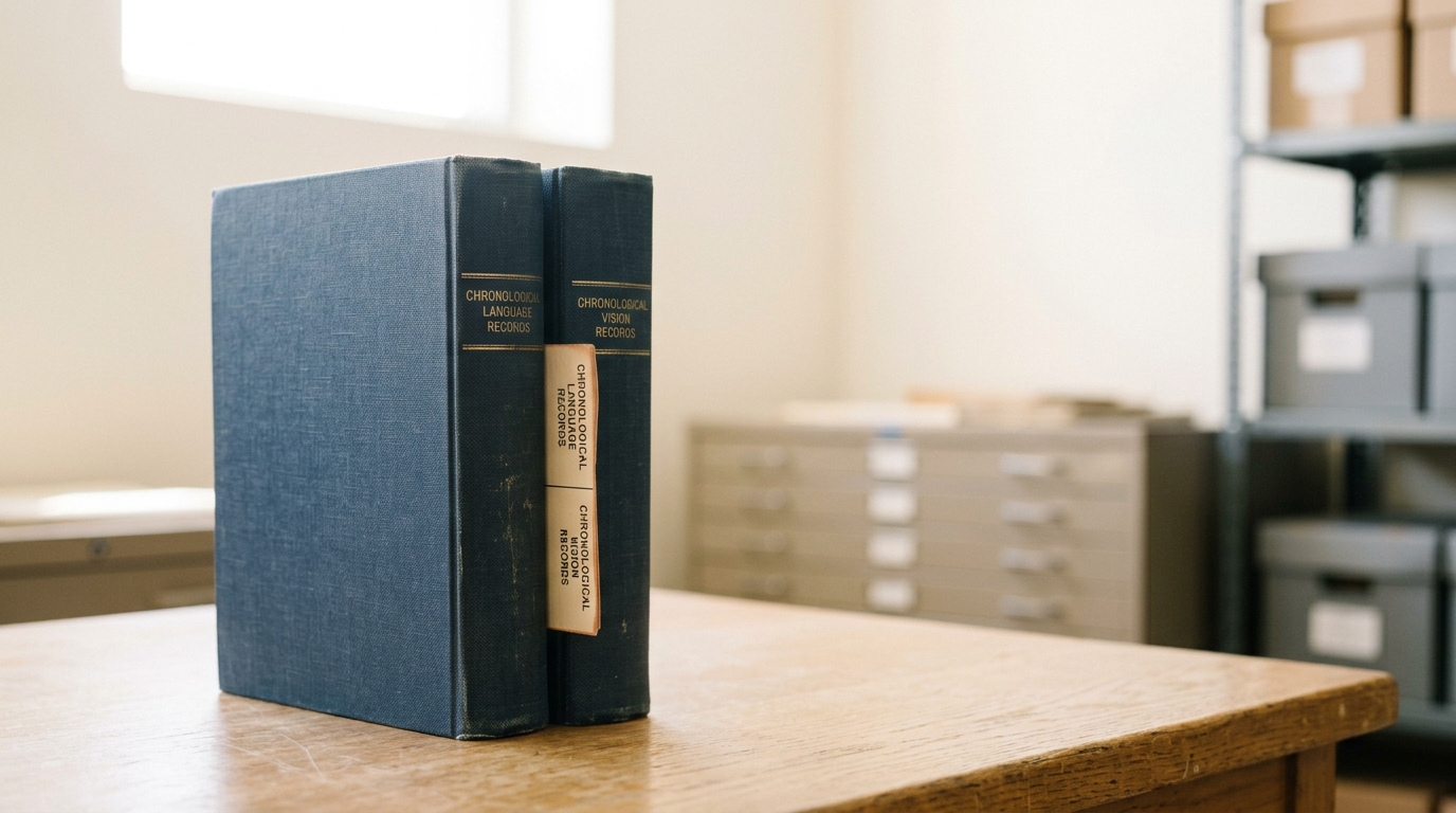Two archive volumes, one labelled for language records and one for vision records, standing on the cataloguing bench with a narrow index card caught half-slid into the gap between their spines