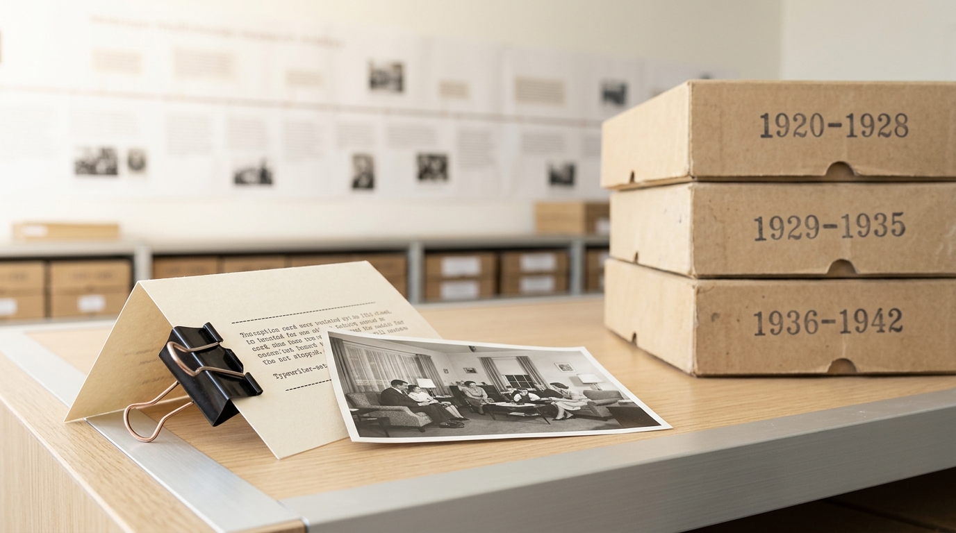 A cataloguing bench where a matte photographic print of an indoor scene is being clipped to its typed caption card, the binder clip caught only half closed over one corner
