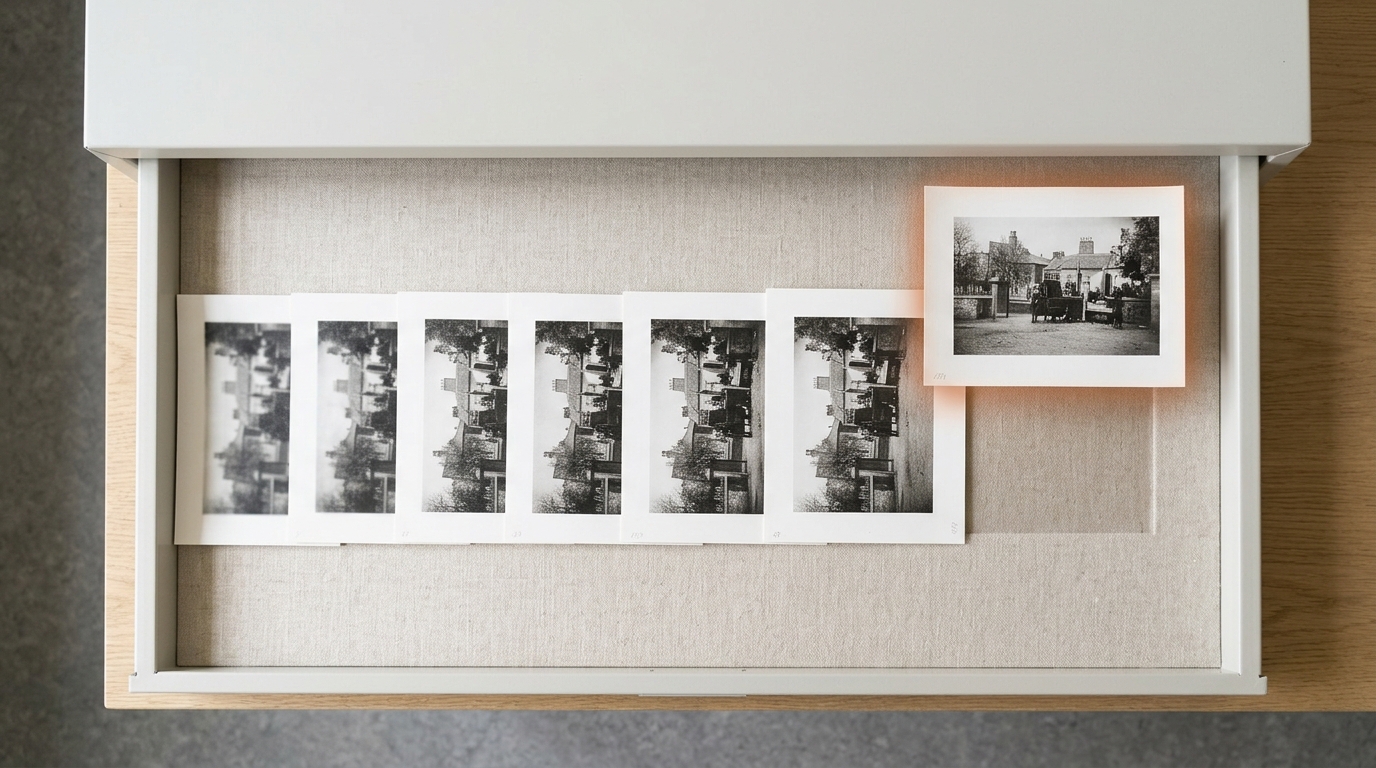 A shallow linen-lined flat-file drawer holding a row of archival proof prints of the same generated image at successive stages of resolution, the final and sharpest print still held above the row and not yet laid in its place