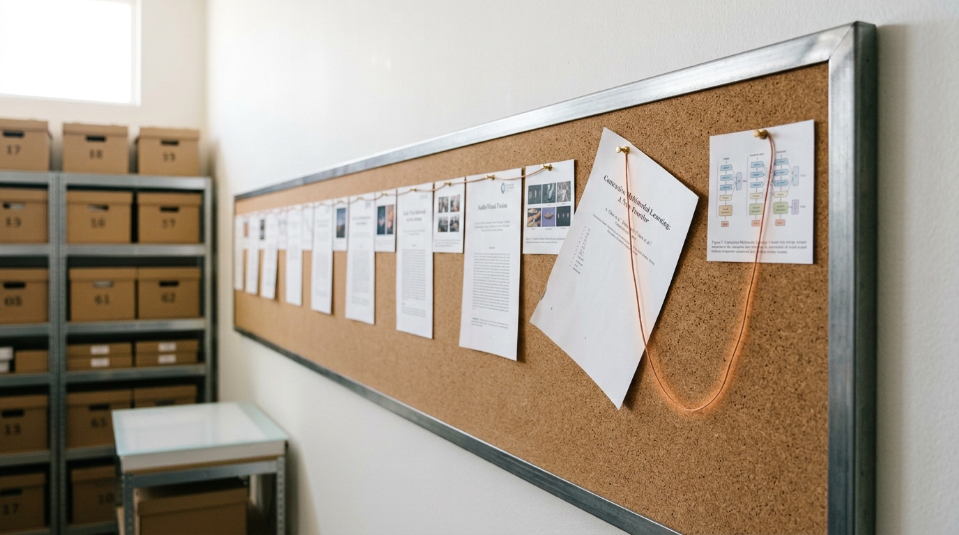 A cork-and-steel landmark-paper timeline wall where a printed title page is being pinned into its place in the line, a small printed sample image already tacked beside it and a length of thread still slack between them