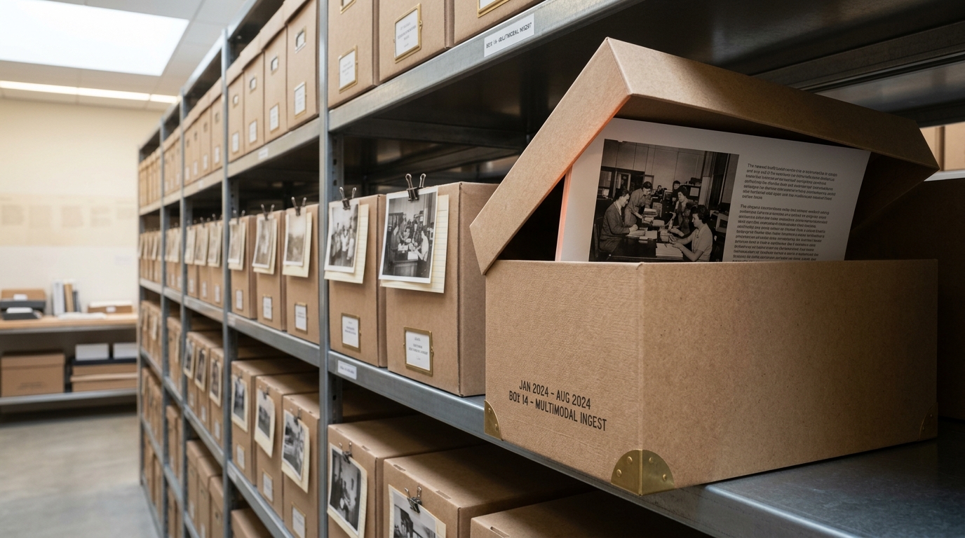 The newest kraft-board box at the end of the archive shelf, its lid caught open, holding one unified printed sheet with an image and its text set side by side on the same page rather than two separate clipped items