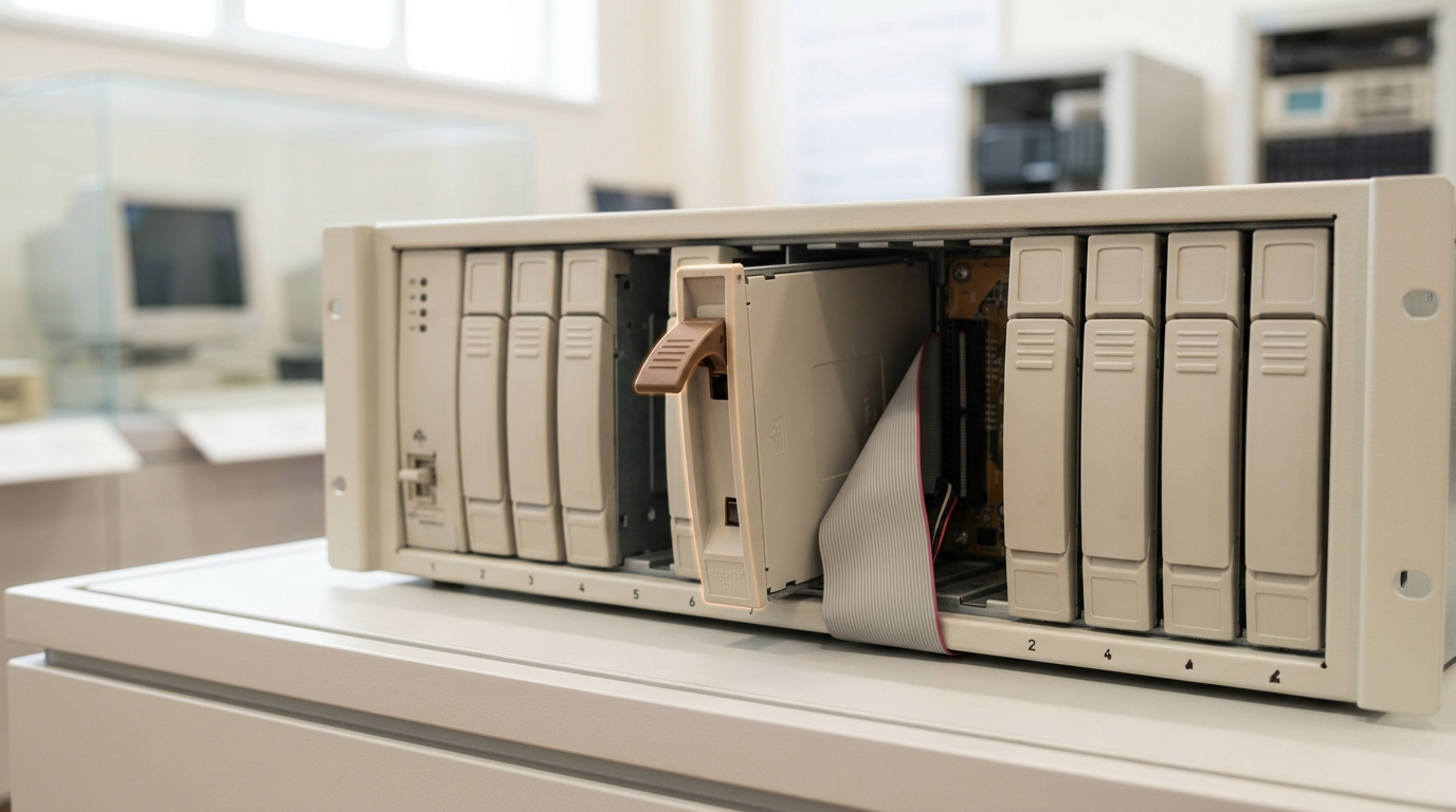The open front of a pale beige-steel early-2000s rack server with one full-height disk caddy caught half-inserted into its bay, its latch still swung open and a wide grey ribbon cable hanging loose beside it