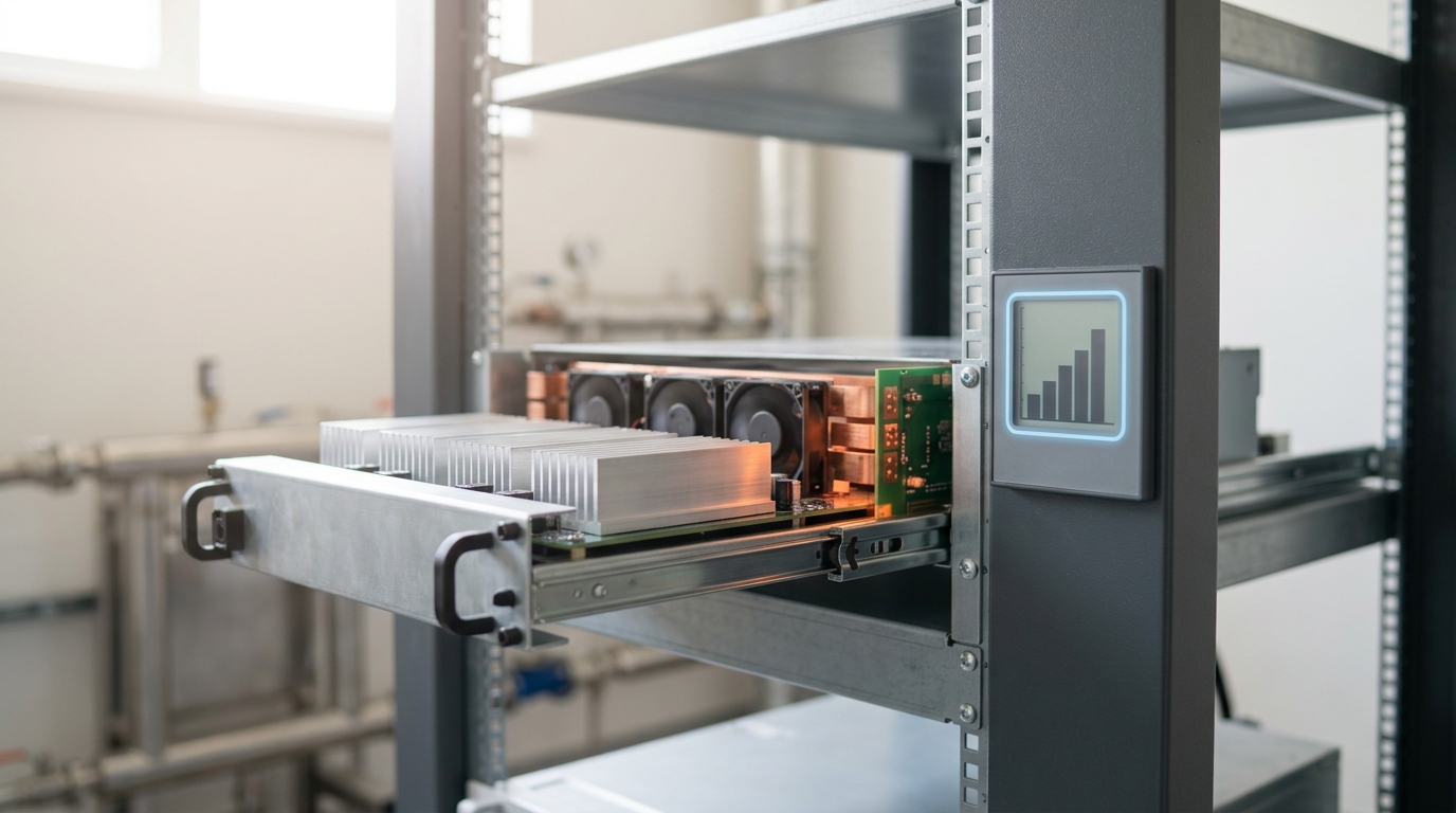 A modern vector-index drive shelf on an accelerator rack with one drive caddy caught being drawn back out of its bay a second time, its neighbours already reseated from an earlier pass and an accelerator sled beside it standing part-open