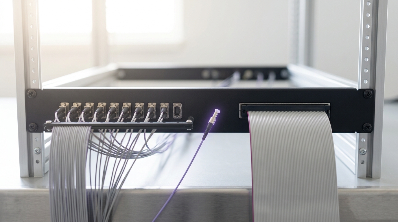 A fibre patch cable caught just short of full seating between the output port of a mid-2010s retrieval chassis and the input port of a separate generation-model rack, its ferrule not yet clear of the connector housing