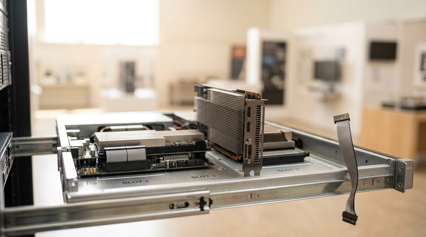 A mid-2010s GPU training chassis drawn part-way out on its rails, two identical accelerator cards mounted side by side, one seated flat with its heatsink down and the other caught mid-slide into its riser slot with the riser cable still loose