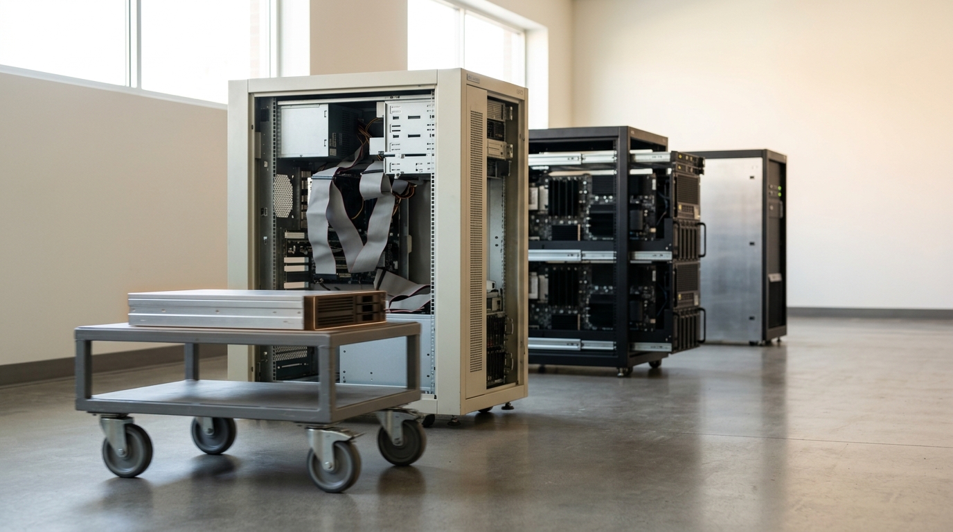 A long demonstration aisle receding into soft daylight past three chronological computing stations, an early rack server, a mid-2010s GPU chassis and a modern accelerator rack, with a service cart caught mid-roll between the first two carrying one drive component balanced on top