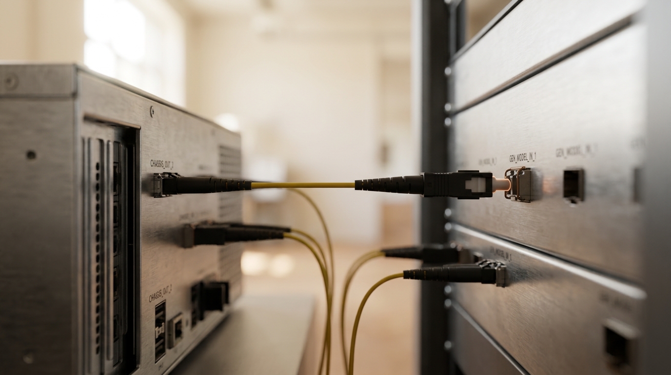 A compact reranking appliance standing between an older ribbon-cabled station and a newer fibre-cabled station, two dissimilar cables converging on one input header, the fibre connector caught mid-seating while the ribbon connector already sits home