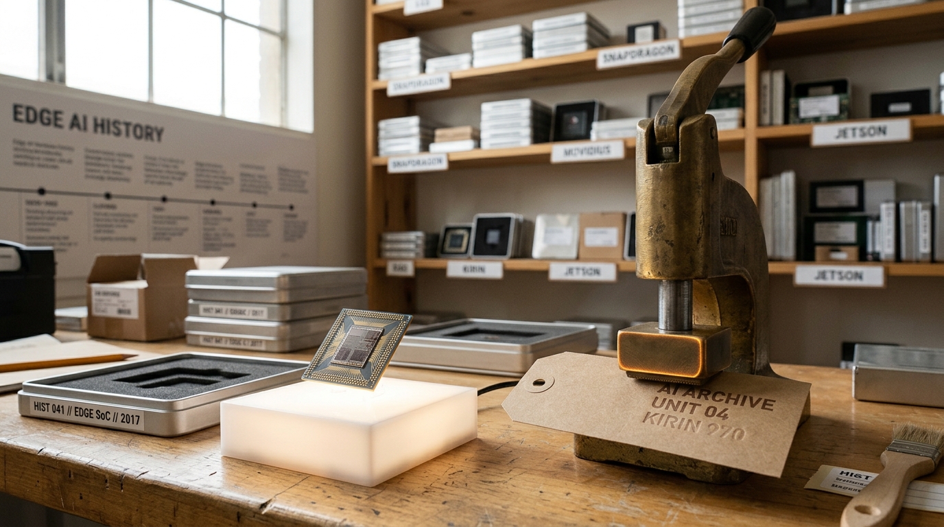 A bare mobile system-on-chip package specimen lifted onto a small frosted lightbox for cataloguing, a brass tag press mid-stamping its date beside it