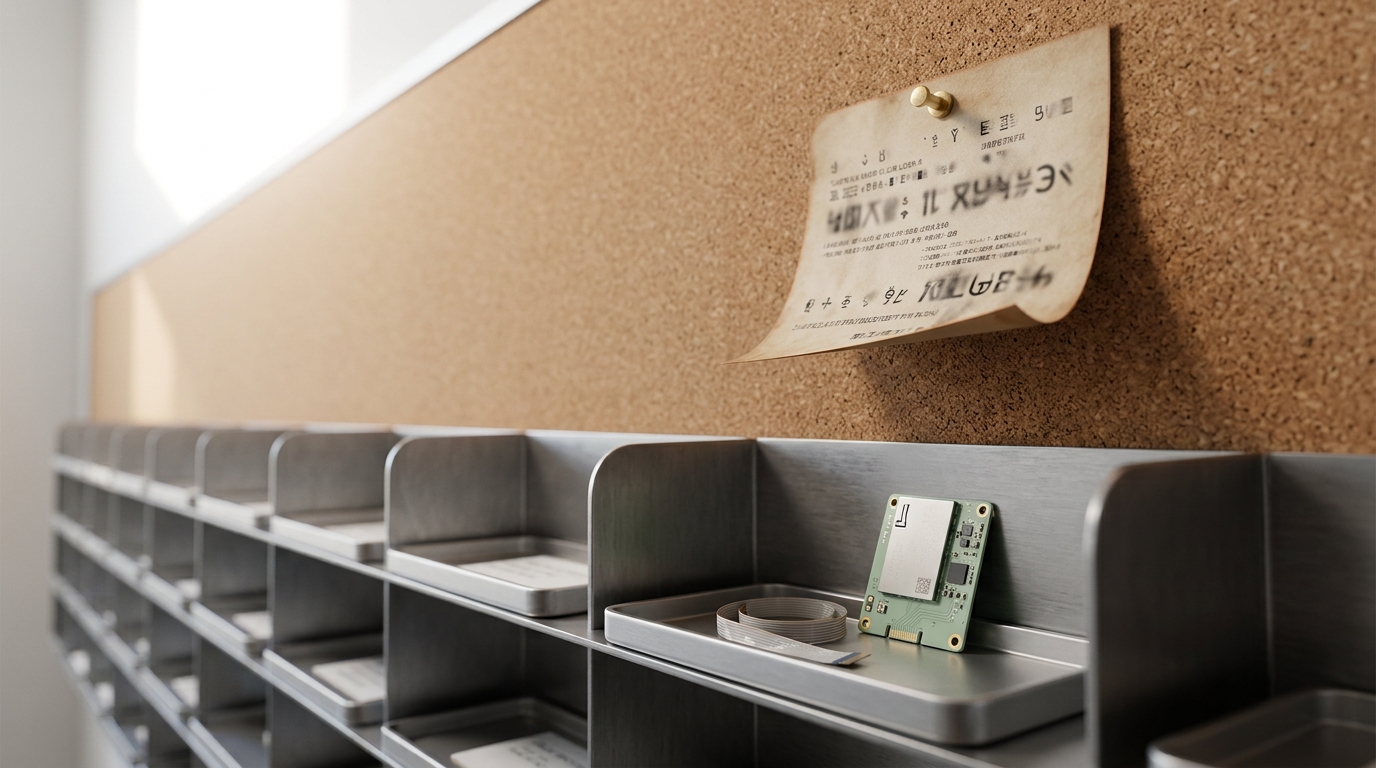 A printed paper title card at the newest end of a cork timeline wall with its brass pin only halfway into the cork and its bottom edge curling free, directly above a seated modern phone-class inference module in the shelf's last specimen tray