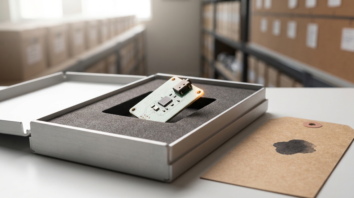 A small always-on-microphone reference board tilted mid-settle into its specimen tray, one corner still raised, a kraft accession tag beside it with a felt marker's ink just beginning a stroke