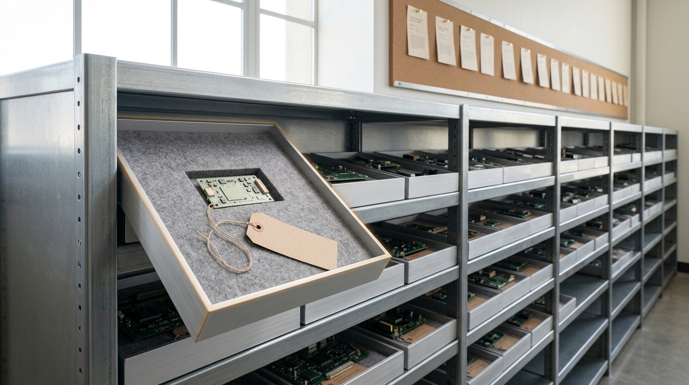 A long steel archive shelf of dated aluminium specimen trays with one tray, carrying a small phone-class circuit module, caught mid-slide into the last open bay, a cork timeline wall of pinned paper title cards receding behind it