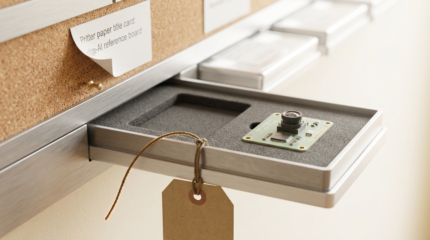 A small early efficient-vision reference board and camera module in an aluminium specimen tray with its kraft accession tag looped but not yet knotted, a printed paper title card only half-pinned to the cork wall beside it