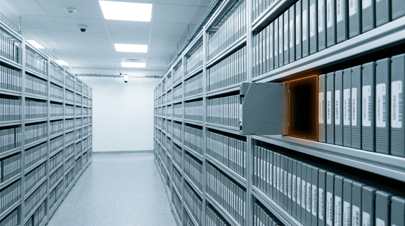 Rows of archival tape cartridges in a climate-controlled vault with one cartridge pulled halfway out and an identical empty slot open beside it