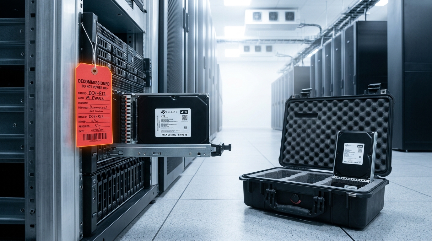 A data-center rack tagged for decommission with one drive partly withdrawn and an open transit case beside it holding a second drive already seated in foam