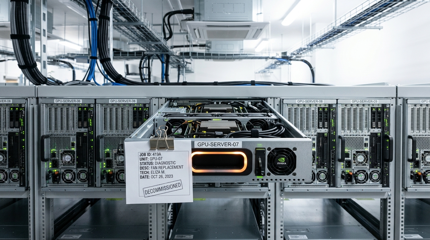 A GPU training-room rack with one server tray pulled out for inspection and a printed job ticket clipped to its handle