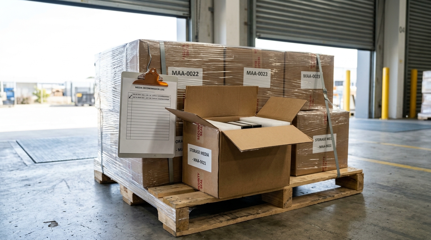 A loading-dock staging bay with a shipping manifest clipboard showing one line checked and an open, tape-cut box of storage media on the pallet beside it