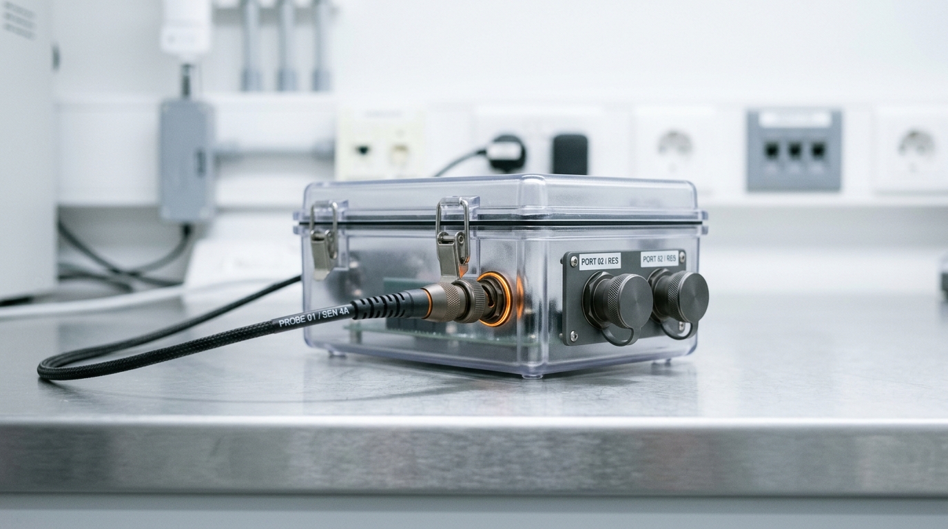 An isolated lab bench with a sealed polycarbonate enclosure and one probe cable freshly connected to a small compute unit inside it