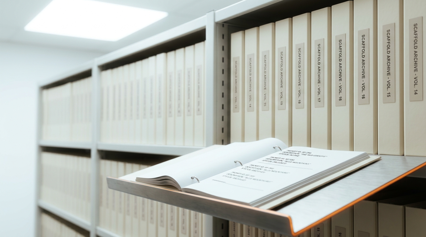 A physical scaffold-and-prompt repository shelf with one binder pulled onto a reading stand, its neighbors left untouched