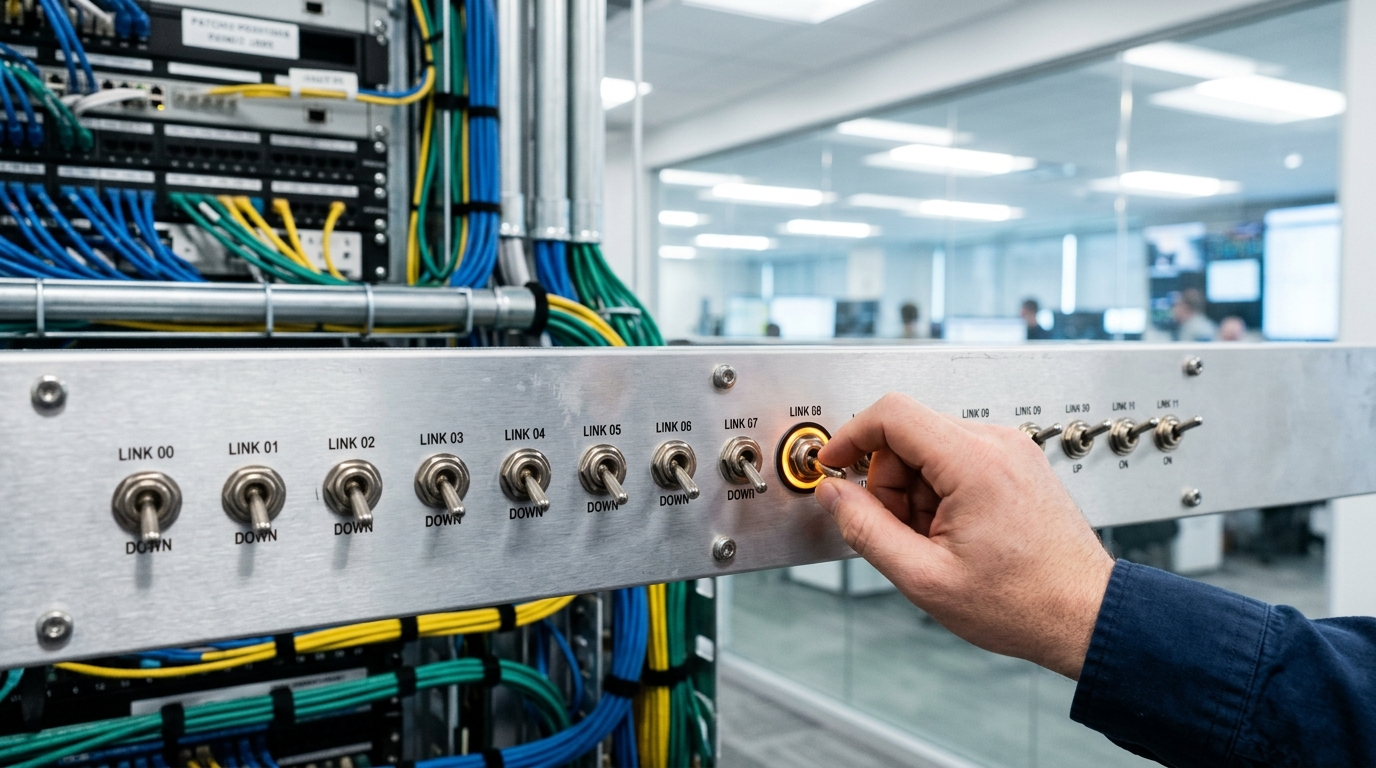 A network operations cutover panel with one indicator toggle caught mid-flip between two labeled zones
