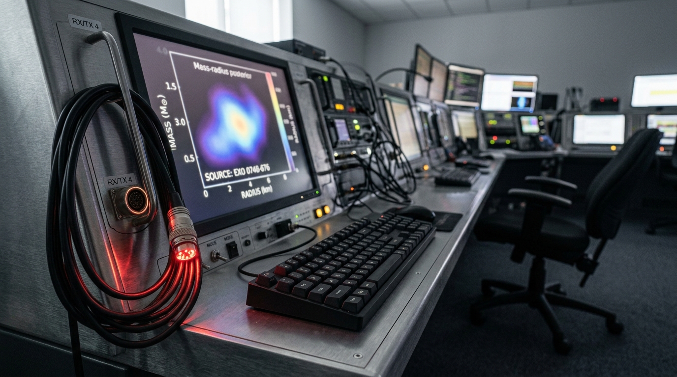 A control-room console monitor glowing with a soft-focus mass-radius posterior contour, a signal cable unplugged and dangling beside the console