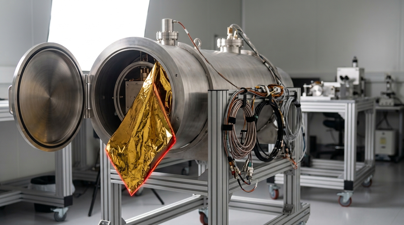 A cryostat dewar for an X-ray microcalorimeter on an integration stand, its forward aperture door swung half open and a gold thermal blanket flap hanging loose beside the opening