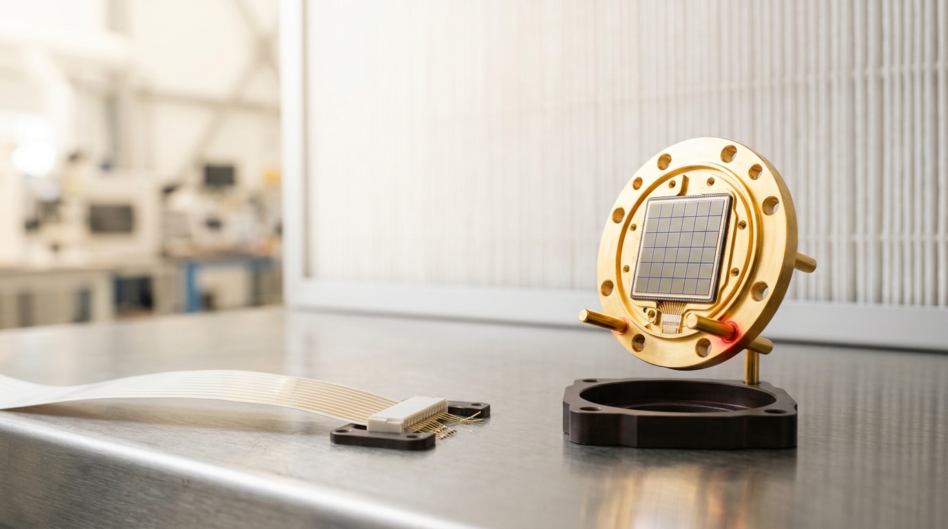 A microcalorimeter detector array in its gold-plated mounting flange, held above a clean-bench under a laminar-flow hood with one alignment pin not yet engaged