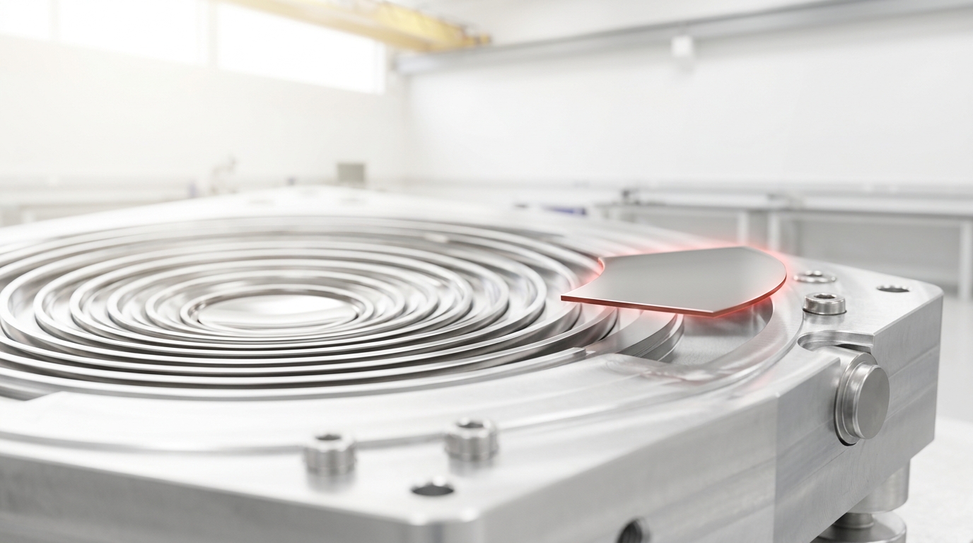 Nested X-ray mirror-module foil segments held in a machined metal alignment fixture, one shell suspended a hair above its slot