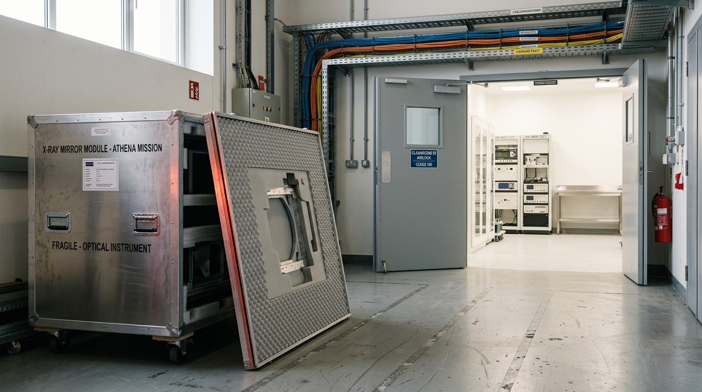 A view down an X-ray astronomy instrument integration-hall corridor, a mirror-module shipping crate parked near a cleanroom airlock with one lid panel propped open against it