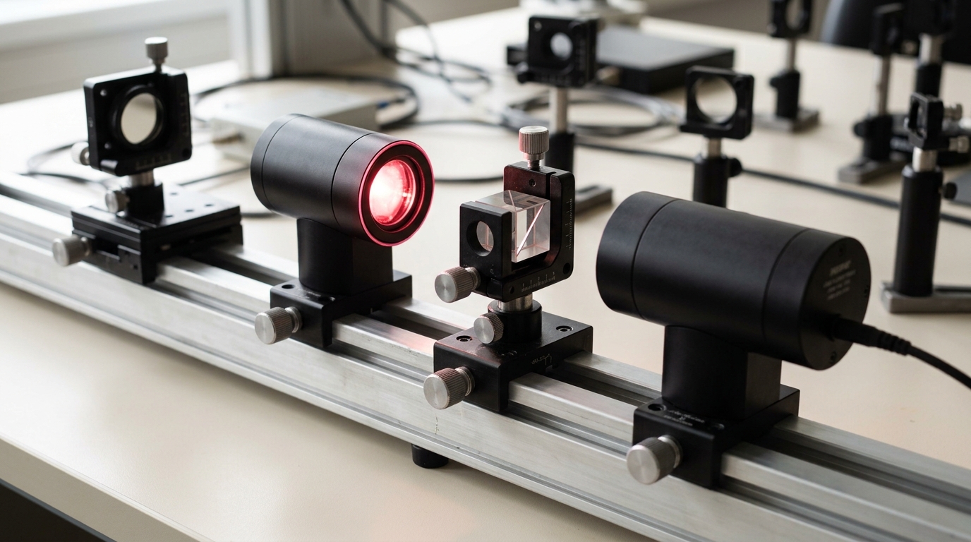 One arm of a tabletop interferometer sitting dark beside its illuminated twin