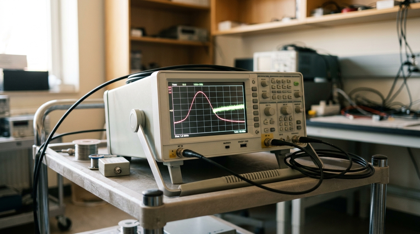 A dual-channel bench spectrum analyzer with two traces mid-sweep, one settled and one still moving