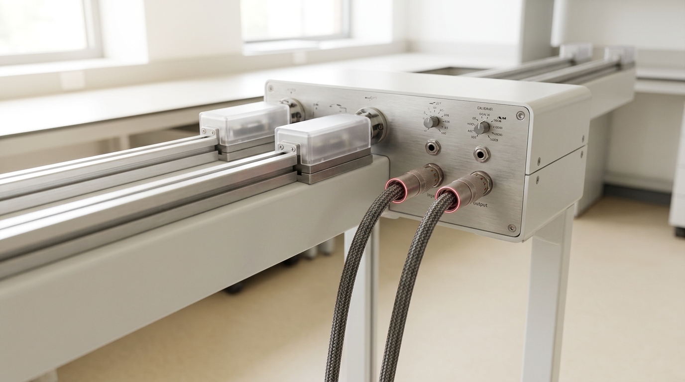 Two parallel laboratory acceleration rails converging on a shared instrument bay, their output cables still unplugged