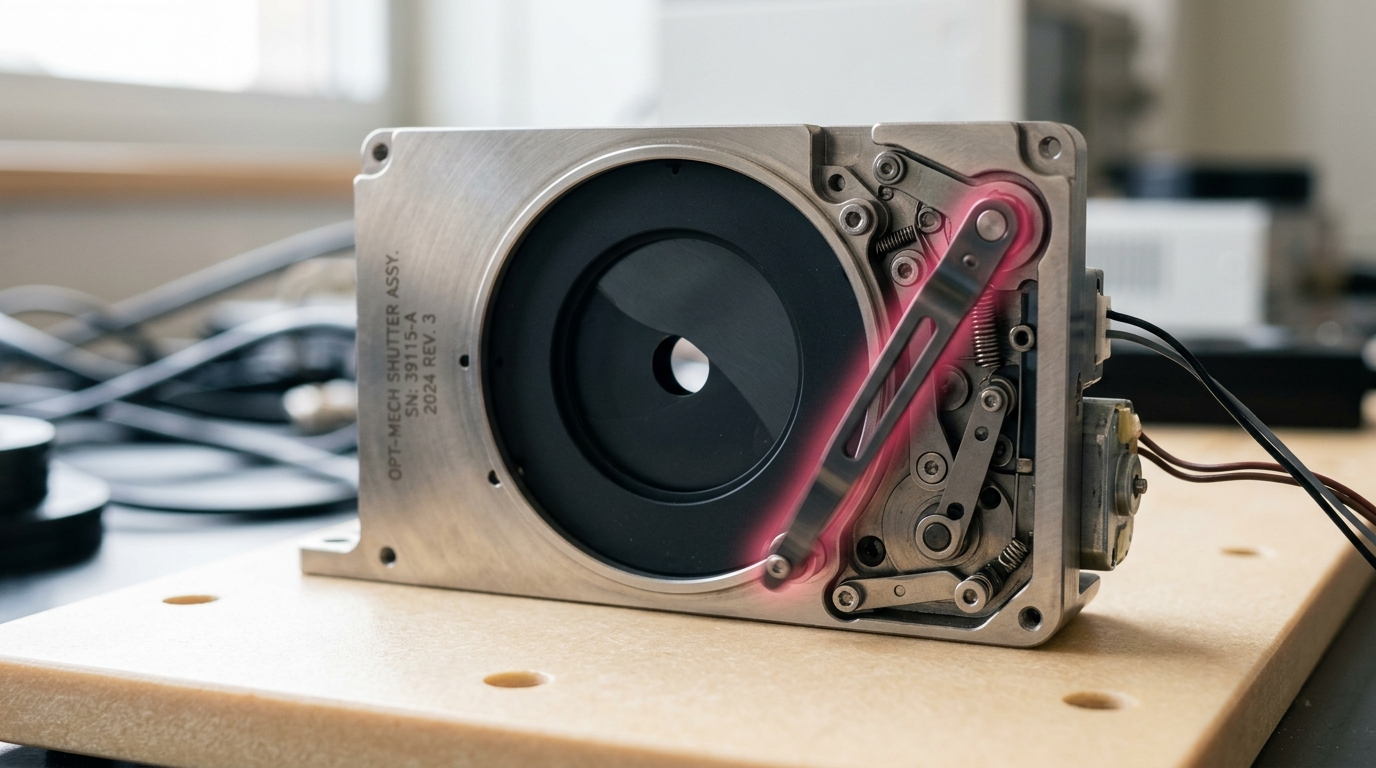 A precision mechanical shutter assembly caught mid-close over a small optical aperture