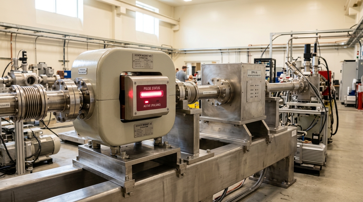 A storage-ring beamline segment with an extraction kicker magnet mid-pulse