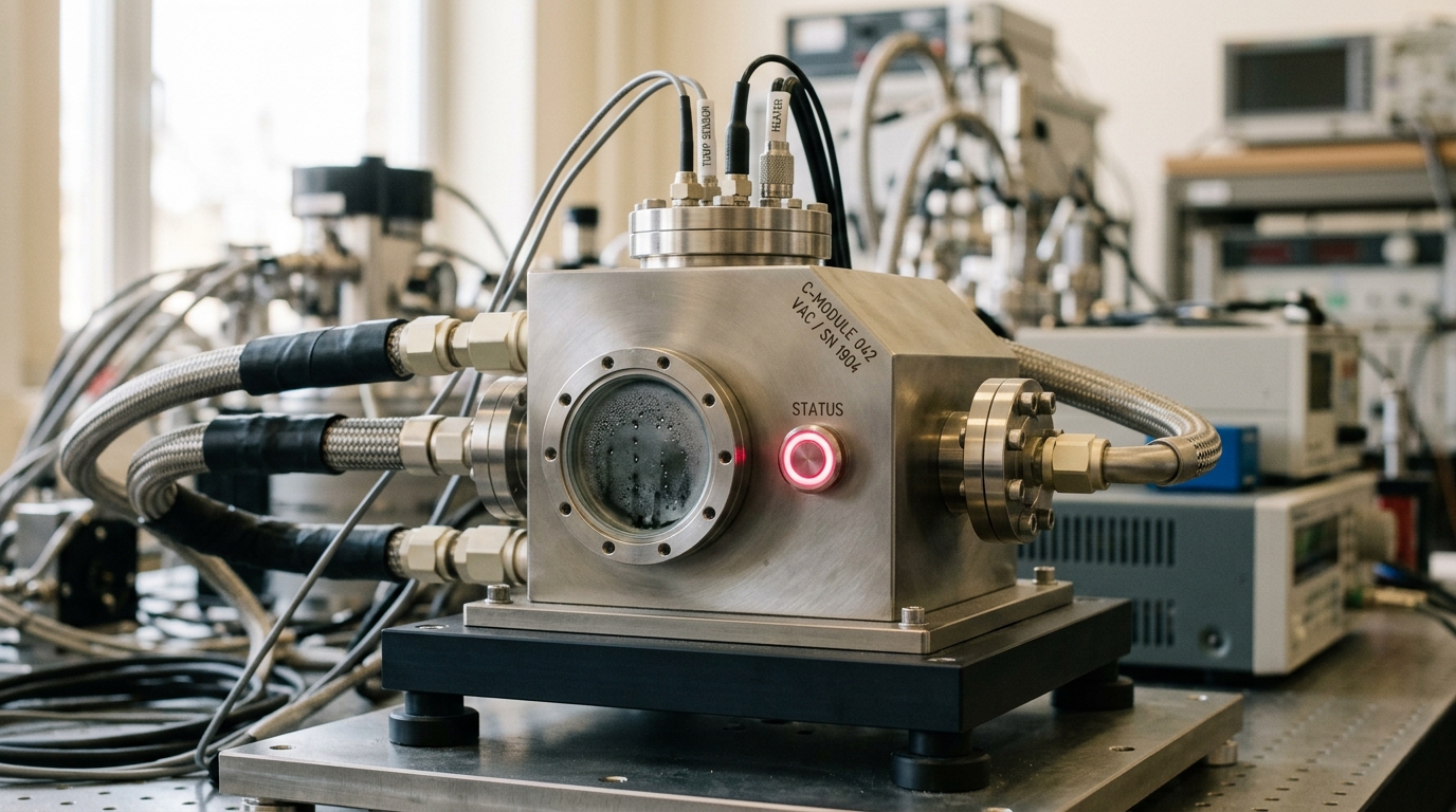 A small cryostat module holding a two-level system, its viewport still fogged from the last cooldown