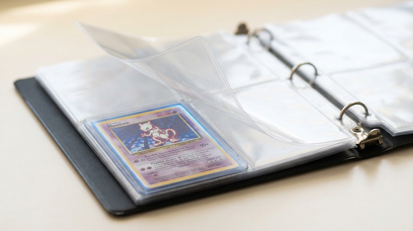 A single raw vintage holographic trading card resting in a collector's binder page, several sleeve pockets away from any grading paperwork or submission mailer, the page itself caught mid-turn