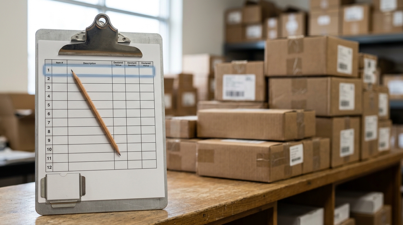 A blank random-sample physical-audit clipboard with empty numbered rows sitting unused on a busy grading-company intake counter, a pencil lying at an angle across the first row