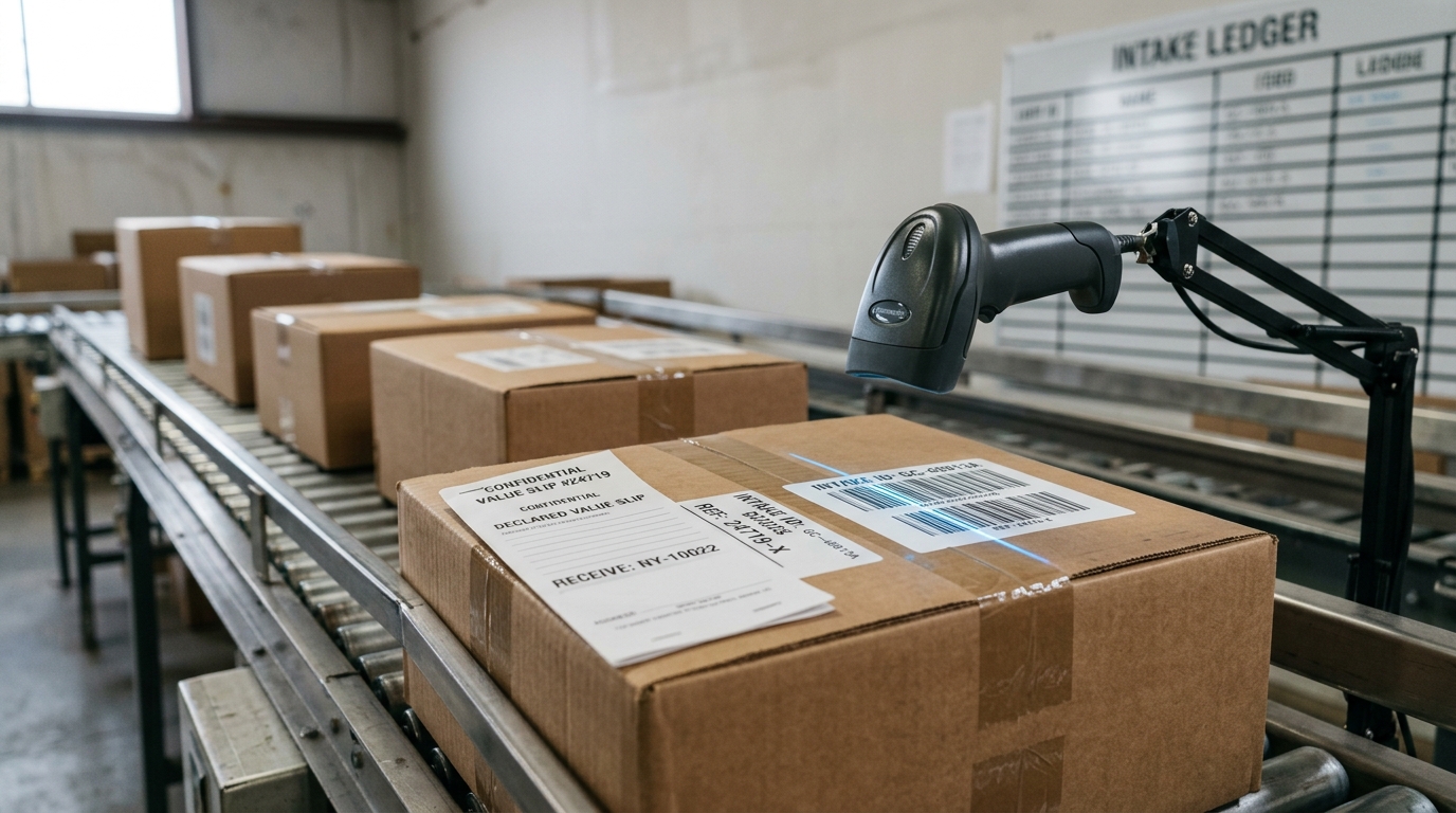 A grading company's intake floor with a sealed submission box paused on a conveyor belt under a handheld barcode scanner's active read line, several more sealed boxes queued behind it and a declared-value slip visible but still stapled shut on the nearest box's lid