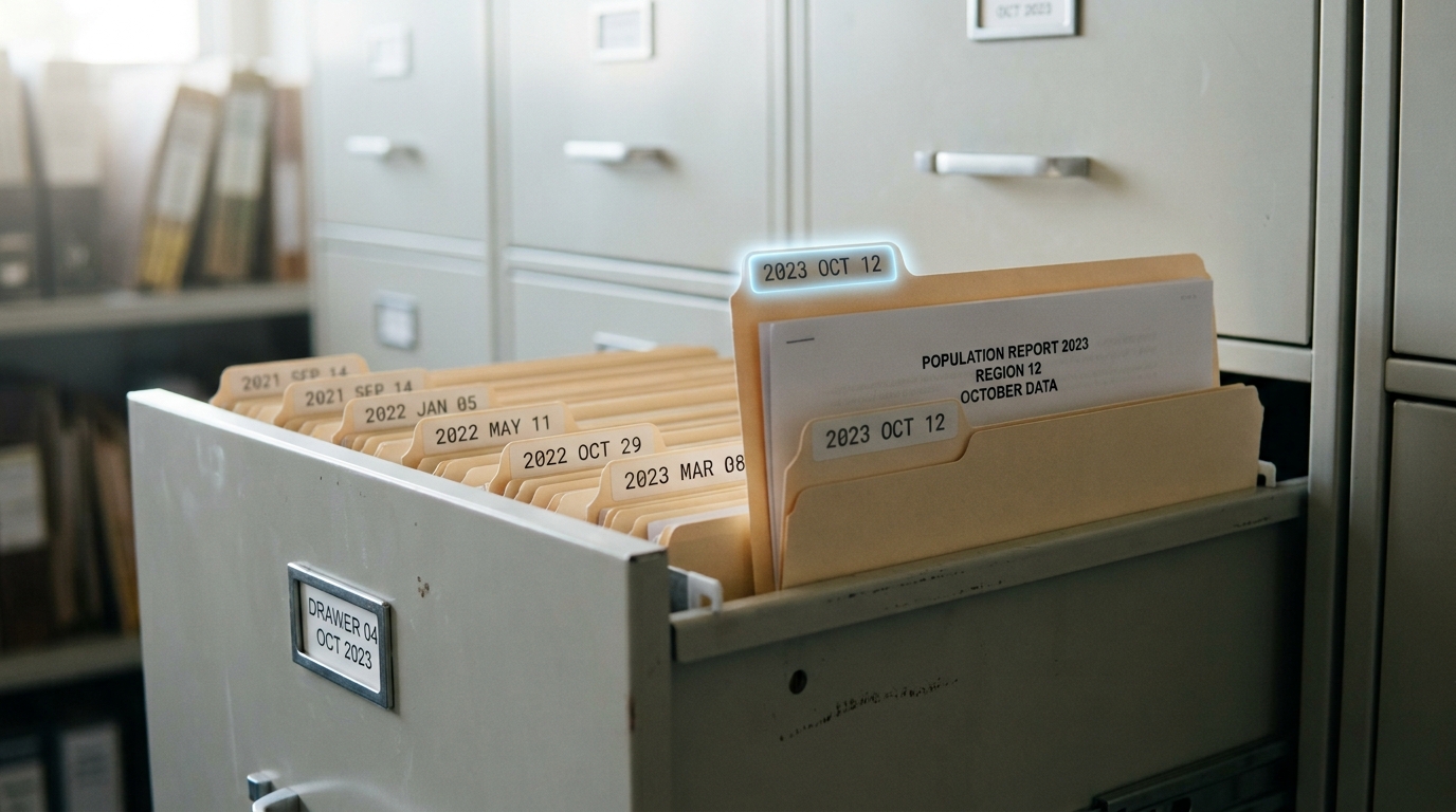 An open archive drawer of dated population-report printouts filed by date, the most recent folder pulled part-way out and not yet pushed back flush with the rest