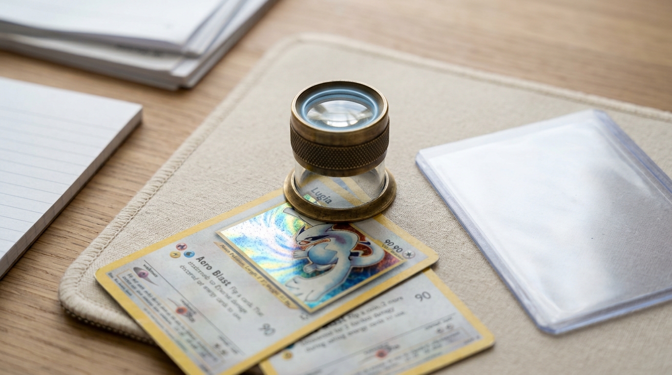 A jeweler's loupe balanced on its rim beside a raw trading card on a lit desk pad, positioned over the card's corner but not yet lifted, an empty submission sleeve lying open beside it