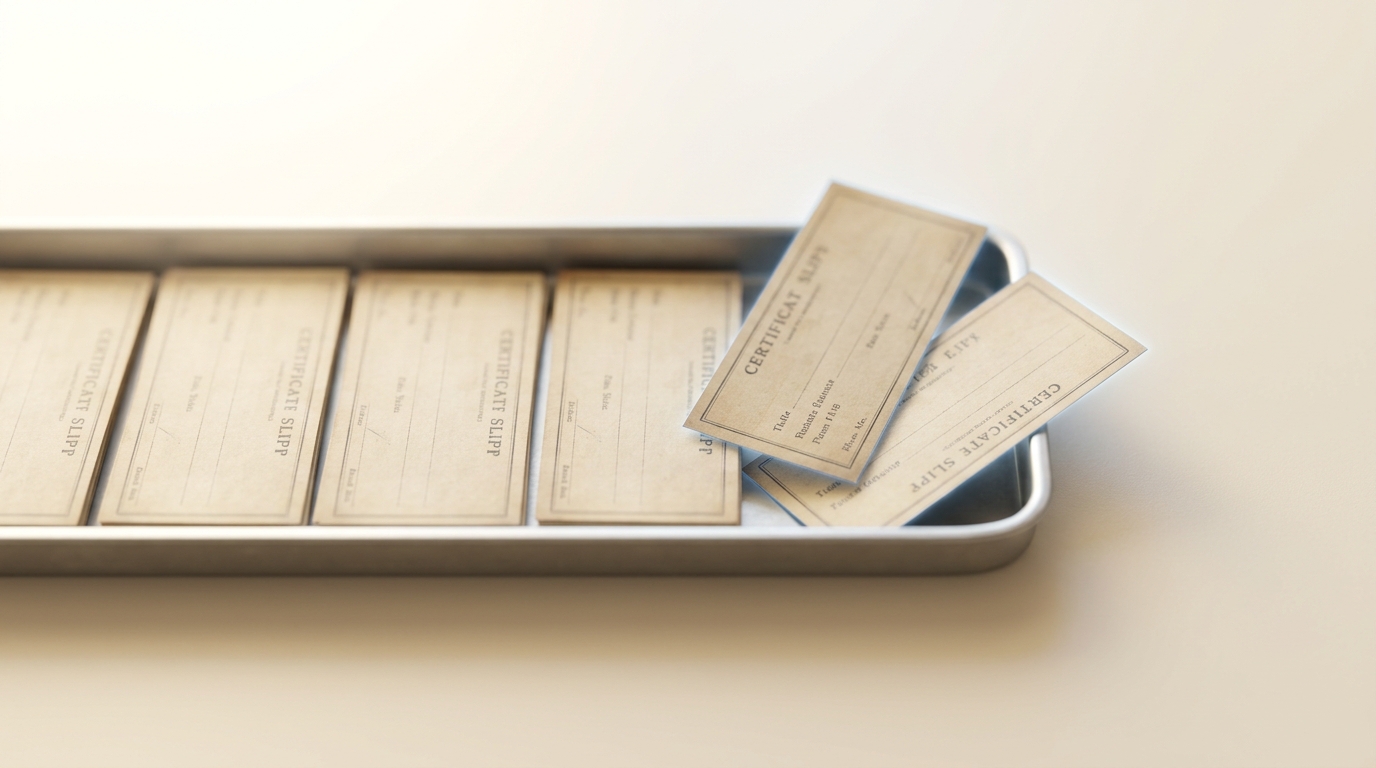 A small tray holding a row of vintage tournament-prize certificate slips arranged in neat squared rows, with two additional slips set apart near the tray's edge not yet incorporated into the same rows