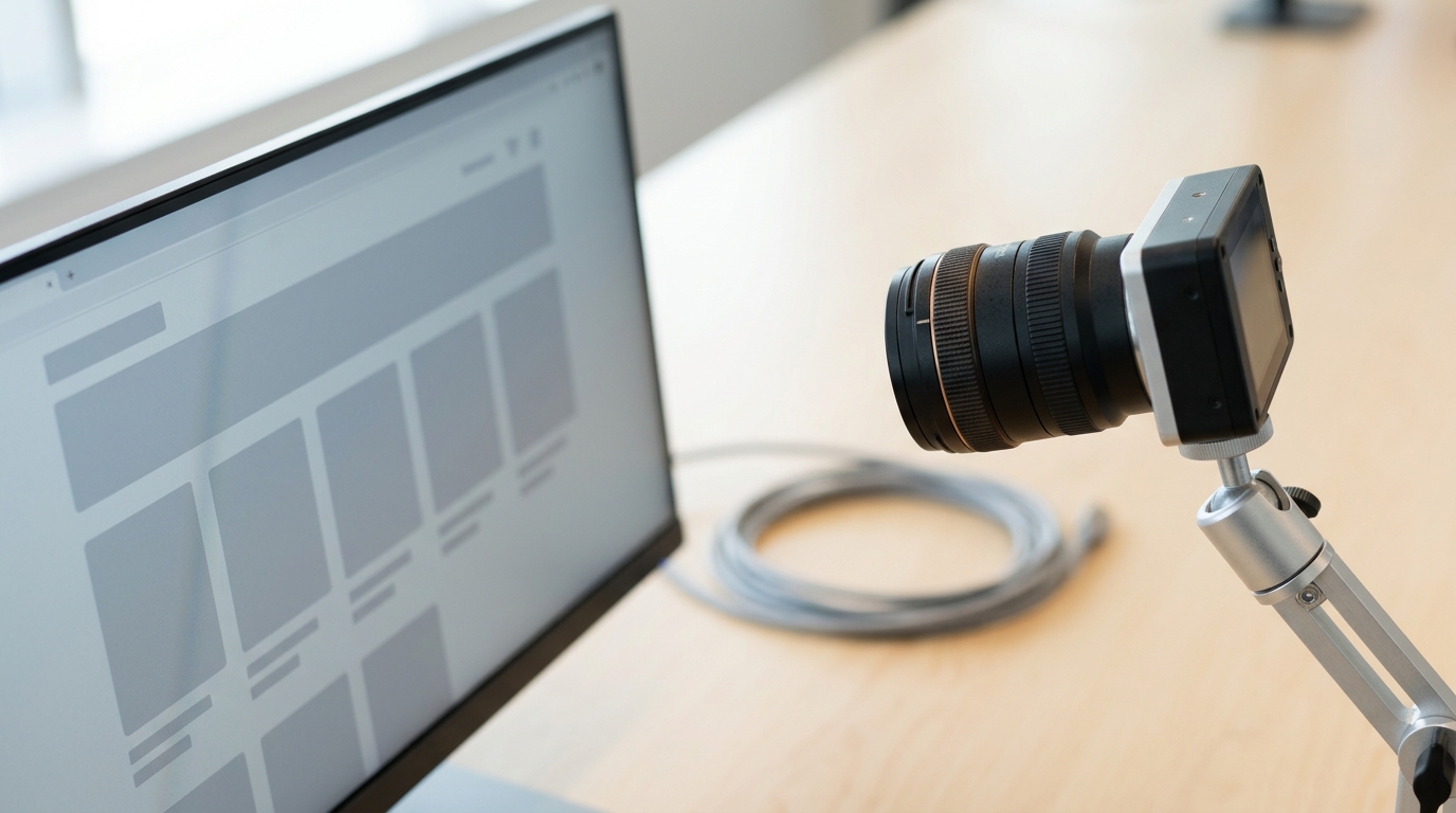 A browser-kiosk rig showing a static storefront page as soft colour blocks, a small camera-and-lens rig mounted beside the screen with its focus ring caught mid-turn