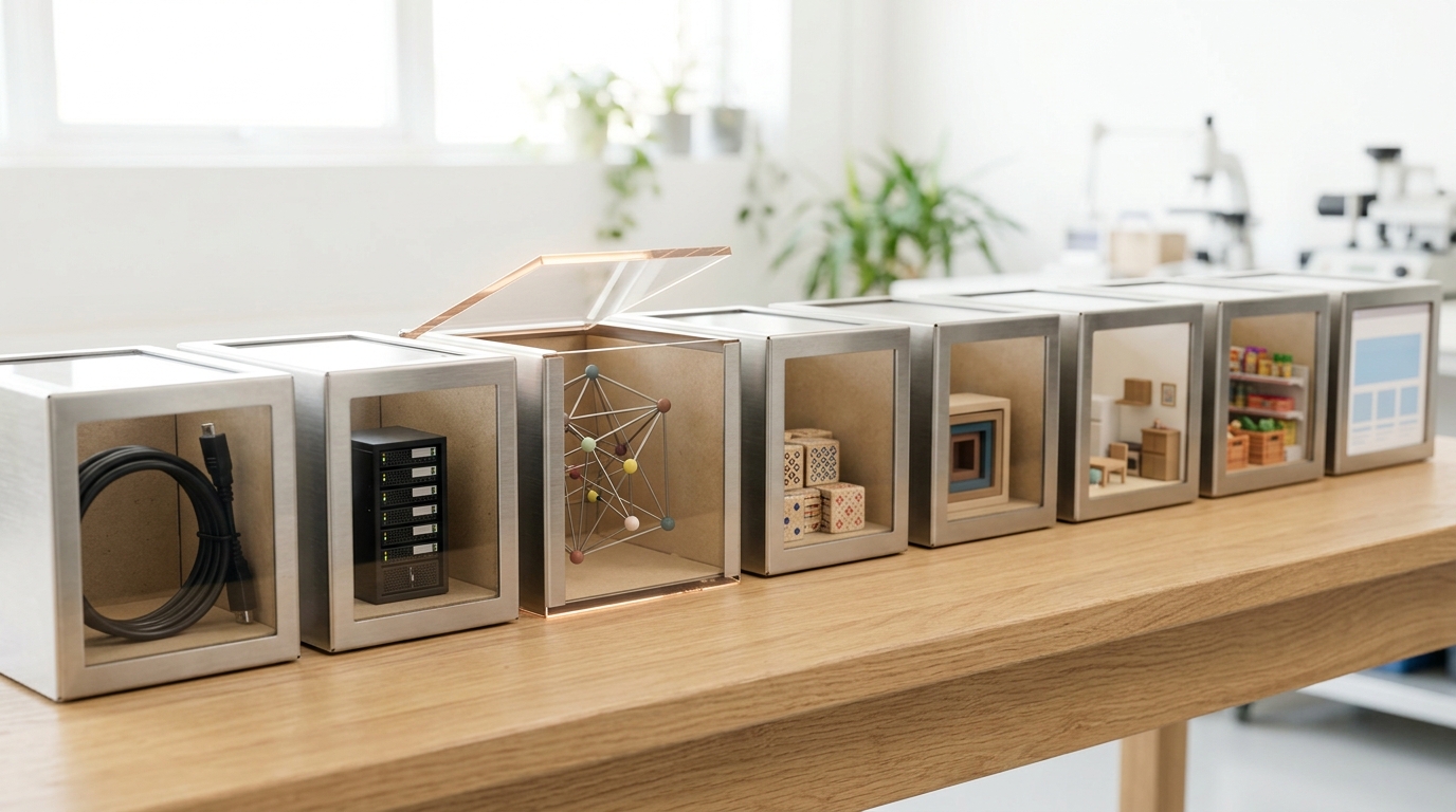 A shallow row of eight small enclosed test cells on a demo bench, each holding a different miniature environment, with one cell's clear cover caught lifted and only part-lowered back down