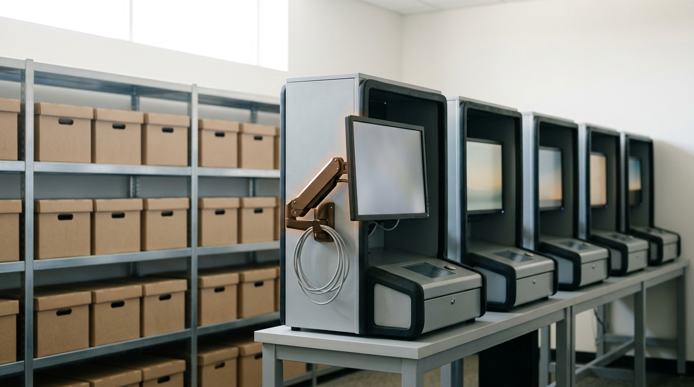A bright reference room where open steel shelving of archive boxes meets a demo bench of five separate kiosk rigs, one rig's monitor caught mid-swap between two environment states
