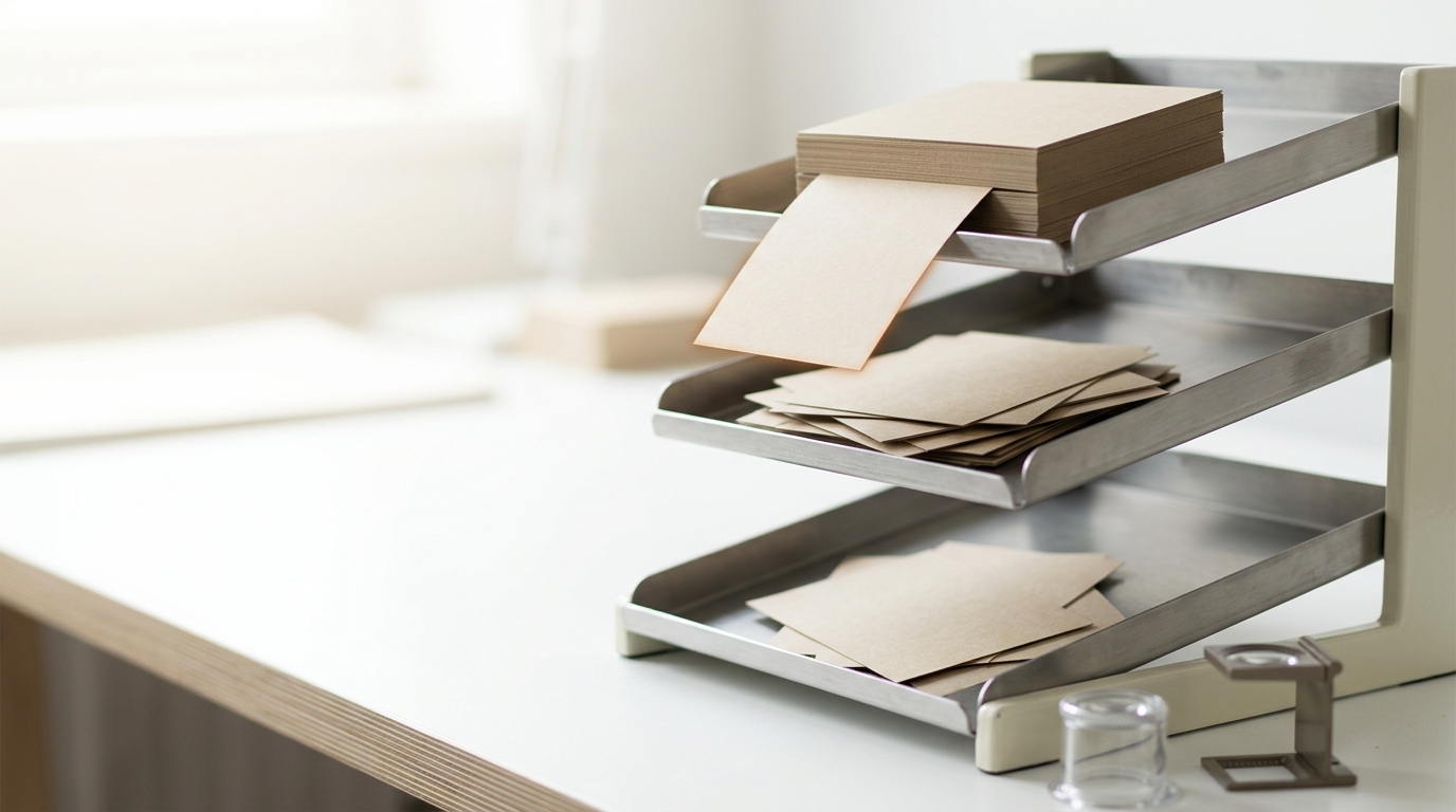 A three-tier sloped tray rig holding task cards at three heights, the lowest tier nearly empty and the top tier stacked deep, with one card sliding from the middle tier toward the top
