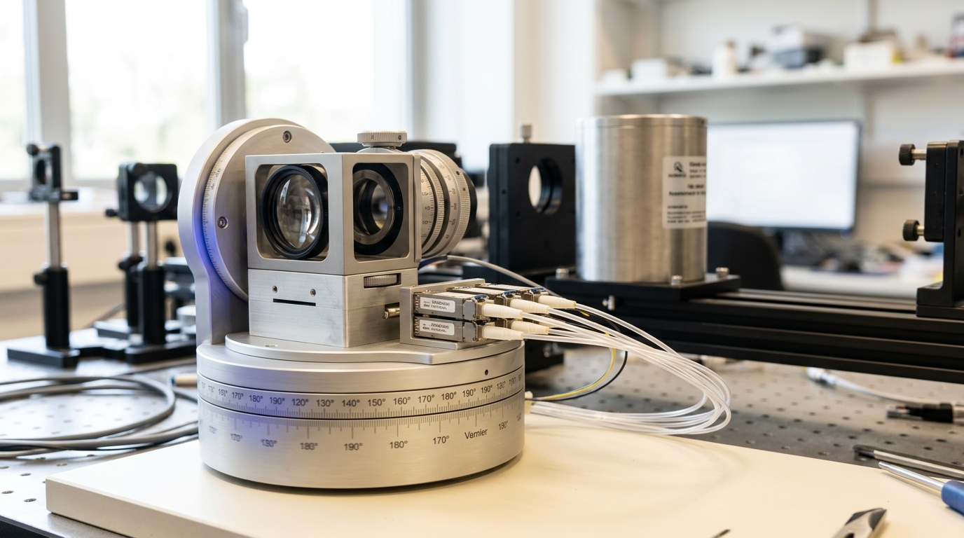 A polarization analyzer and detector bank rotating together on a common base while the analyzer remains between two marked positions